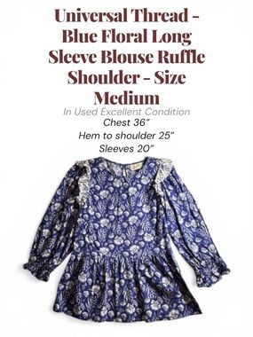 Universal Thread Blue Floral Long Sleeve Blouse Size Medium
